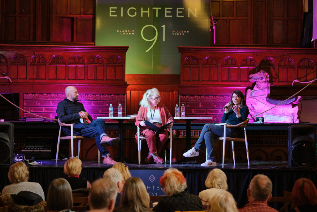 Sir Alan Ayckbourn and Kate Fenton on stage at the Whitby Literature Festival.