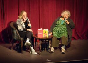 Lucinda Hawksley and Miriam Margolyes on stage at Whitby Literature Festival