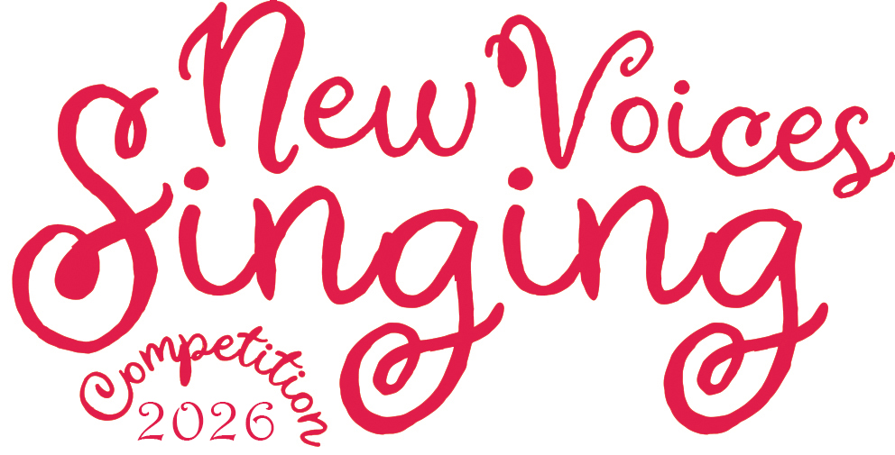 Logo for the New Voices Singing Competition 2026 in red cursive font